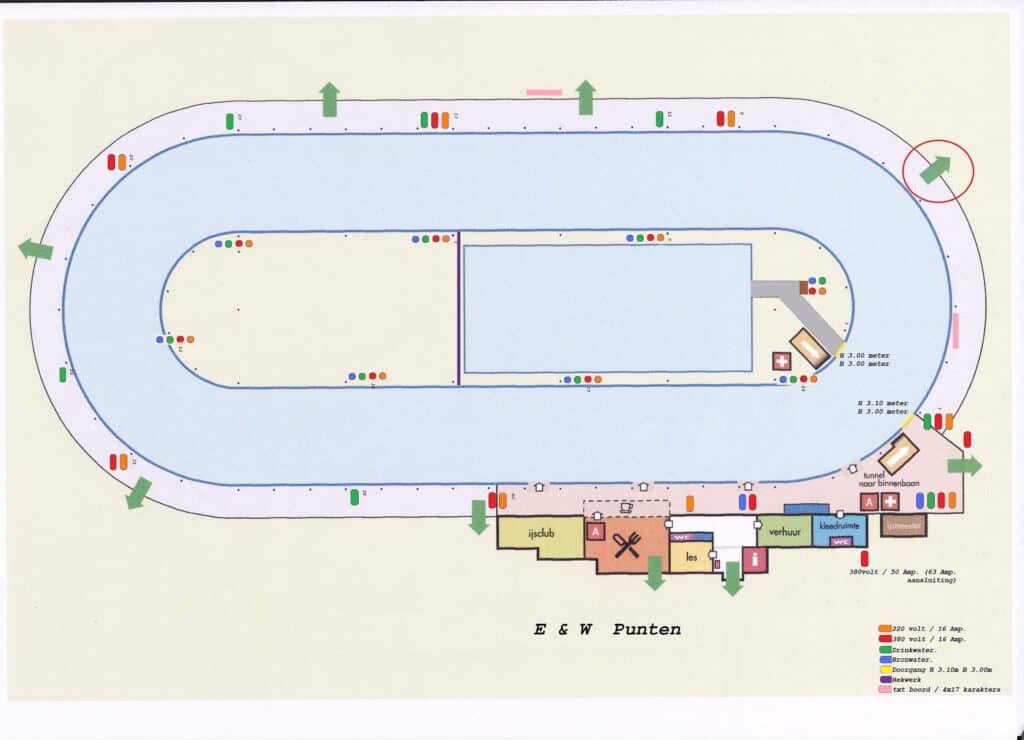 Plattegrond van de ijsbaan met daarop aangegeven de nooduitgangen, alsmede de locatie van de AED's en de EHBO-telefoons.